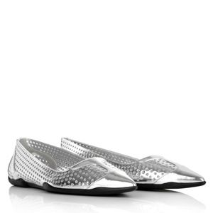 Prada Perforated Silver Leather Point Toe Flats